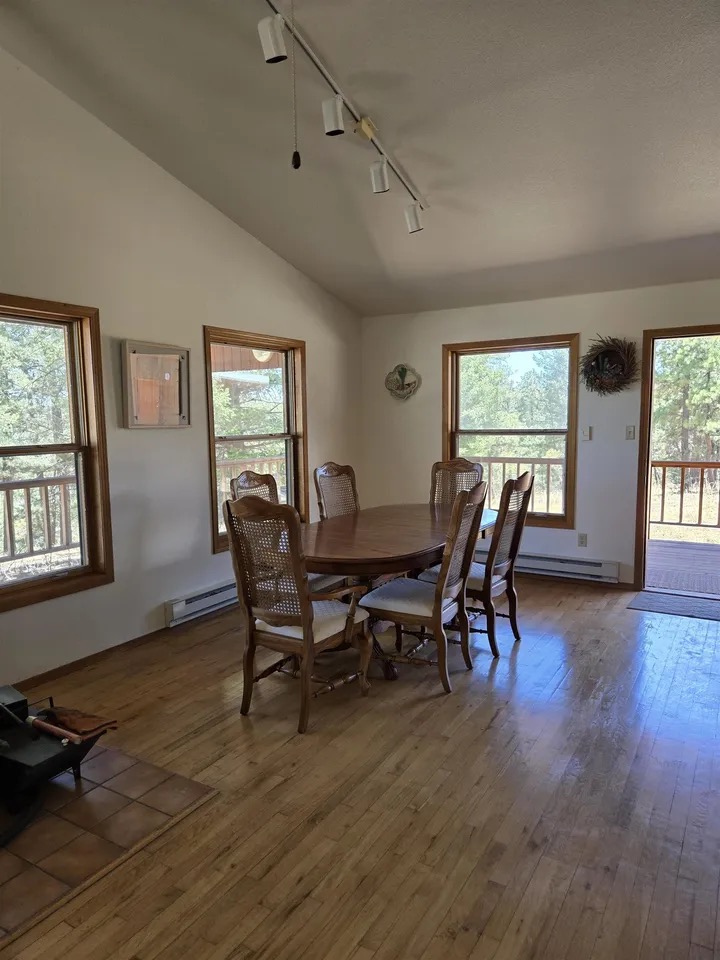 Dining area with an oval wood table and cane-back chairs beneath the vaulted ceiling, three wood-framed windows and a glass door opening to the deck and forest